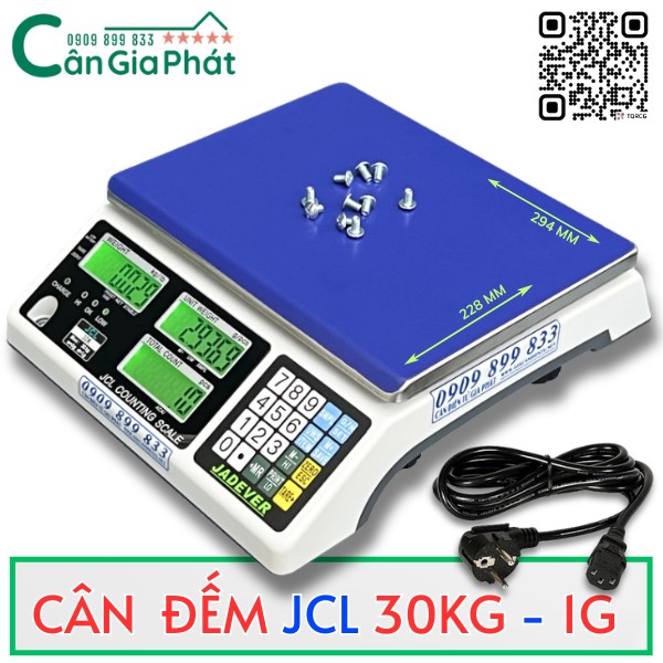 Cân đếm điện tử Jadever JCL 30kg màu xanh trắng hiển thị số rõ, kèm ốc vít mẫu trên khay cân