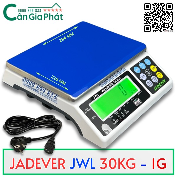 Cân điện tử JADEVER JWL 30kg mặt bàn xanh kèm dây nguồn, màn hình LCD hiển thị số rõ ràng