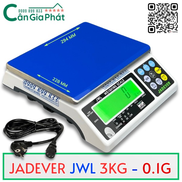 Cân điện tử JADEVER JWL 3kg độ chia 0.1g mặt cân xanh kèm dây nguồn