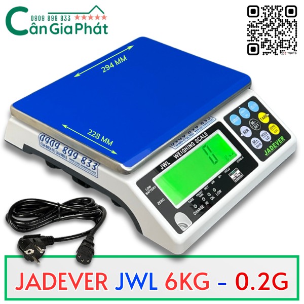 Cân điện tử JADEVER JWL 6kg độ chia 0.2g mặt cân xanh kèm dây nguồn