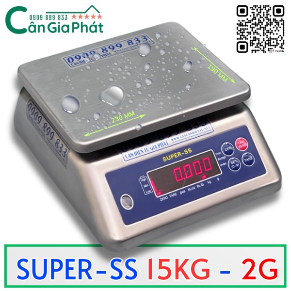Cân điện tử Cân Gia Phát SUPER SS 15kg chống nước mặt inox hiển thị số đỏ