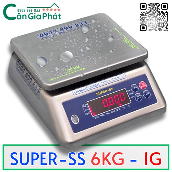 Cân điện tử chống nước Cân Gia Phát SUPER SS 6kg hiển thị LED đỏ mặt inox 230x190mm