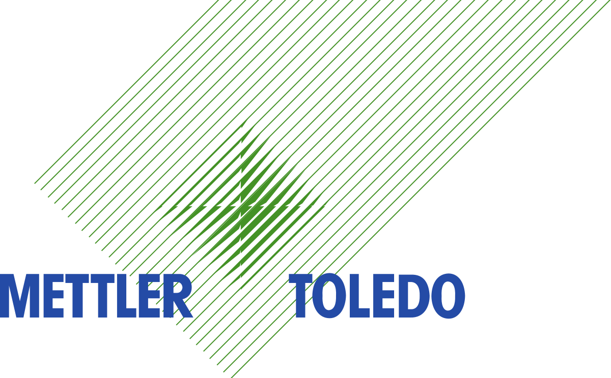 Logo Mettler Toledo với chữ xanh dương và các đường chéo màu xanh lá trên nền đen