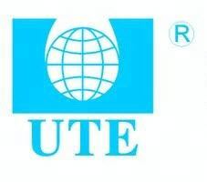 Logo thương hiệu UTE màu xanh với biểu tượng quả địa cầu và ký hiệu đăng ký thương hiệu