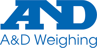 Logo thương hiệu cân điện tử A&D Weighing màu xanh lam trên nền trắng