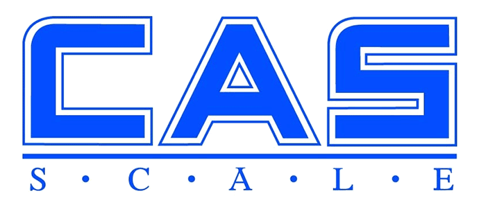 Logo thương hiệu cân điện tử CAS SCALE màu xanh chữ trắng