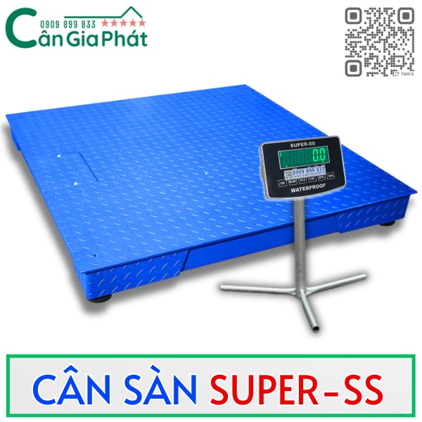 Cân sàn điện tử SUPER SS màu xanh có màn hình hiển thị số trên chân đỡ inox