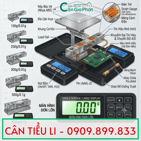 Cấu tạo cân điện tử mini 100g 200g 300g 500g 1000g - candientu.net - CÂN ĐIỆN TỬ GIA PHÁT